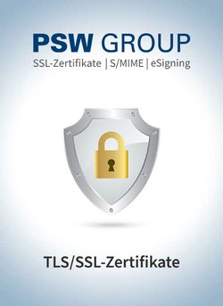 PSW GROUP-Logo, darunter ist ein silbernes Schild mit einem Schloss-Symbol dargestellt. Es symbolisiert sichere Übertragung und Datenschutz durch SSL-Zertifiklate.