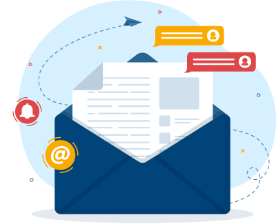Verified Mark Abbildung Symbol eines geöffneten Briefumschlags mit Dokument, Sprechblasen und E-Mail-Zeichen Veranschaulicht den Einsatz von speziellen Zertifikaten zur Markenkennzeichnung im E-Mail-Client.