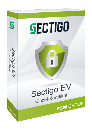 Stilisierte Produktverpackung mit Sectigo-Logo und grünem Schloss-Symbol für das Sectigo EV-Zertifikat.