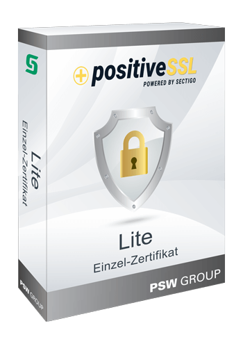 Sectigo positiveSSL – PSW GROUP Stilisierte Produktverpackung mit Sectigo-Logo und grauem Schloss-Symbol für das Sectigo positiveSSL-Zertifikat.