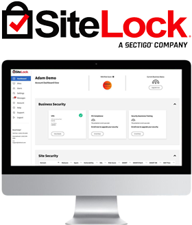 Monitor mit geöffneter SiteLock-Oberfläche und SiteLock-Logo darüber.