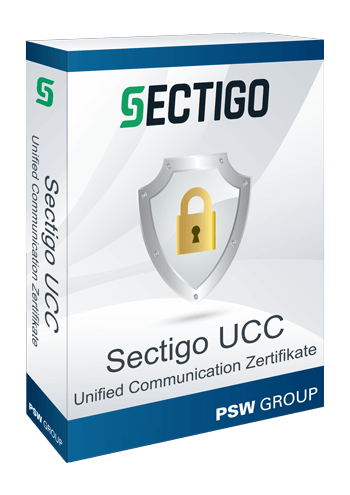 Stilisierte Produktverpackung mit Sectigo-Logo und blauem Schloss-Symbol für das Sectigo UCC-Zertifikat.